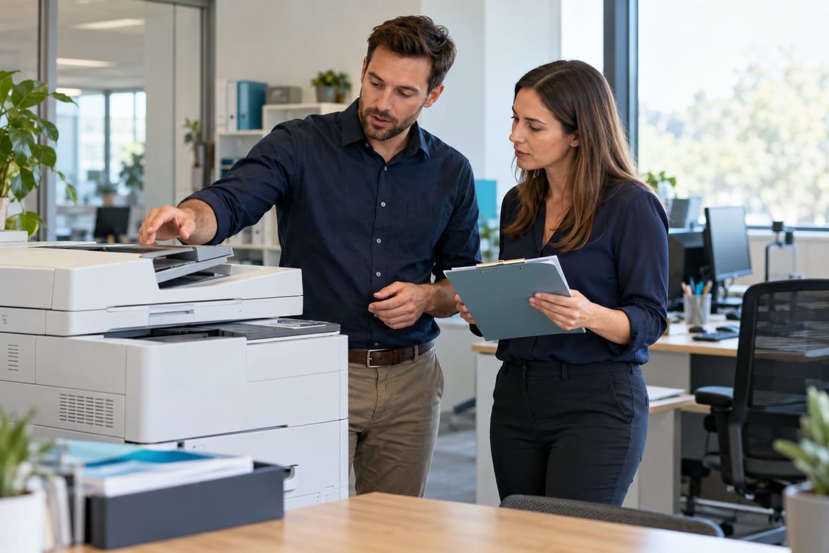 Office staff reviewing a scan-to-email workflow beside a multifunction copier.