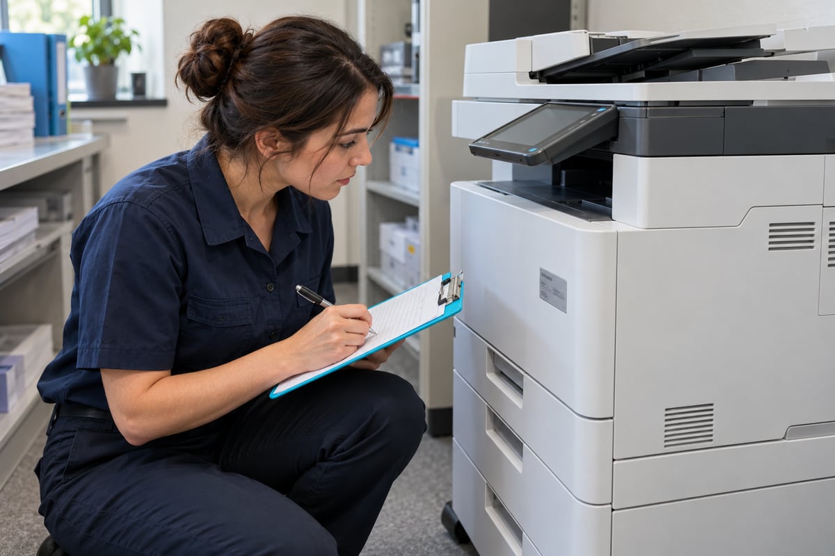 Technician documenting an office copier model and inventory details on a clipboard.