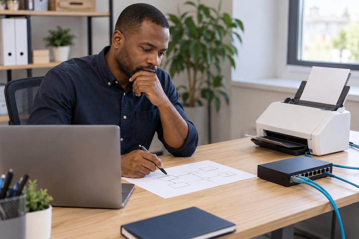 IT specialist planning a scanner email route with a laptop and office network equipment.