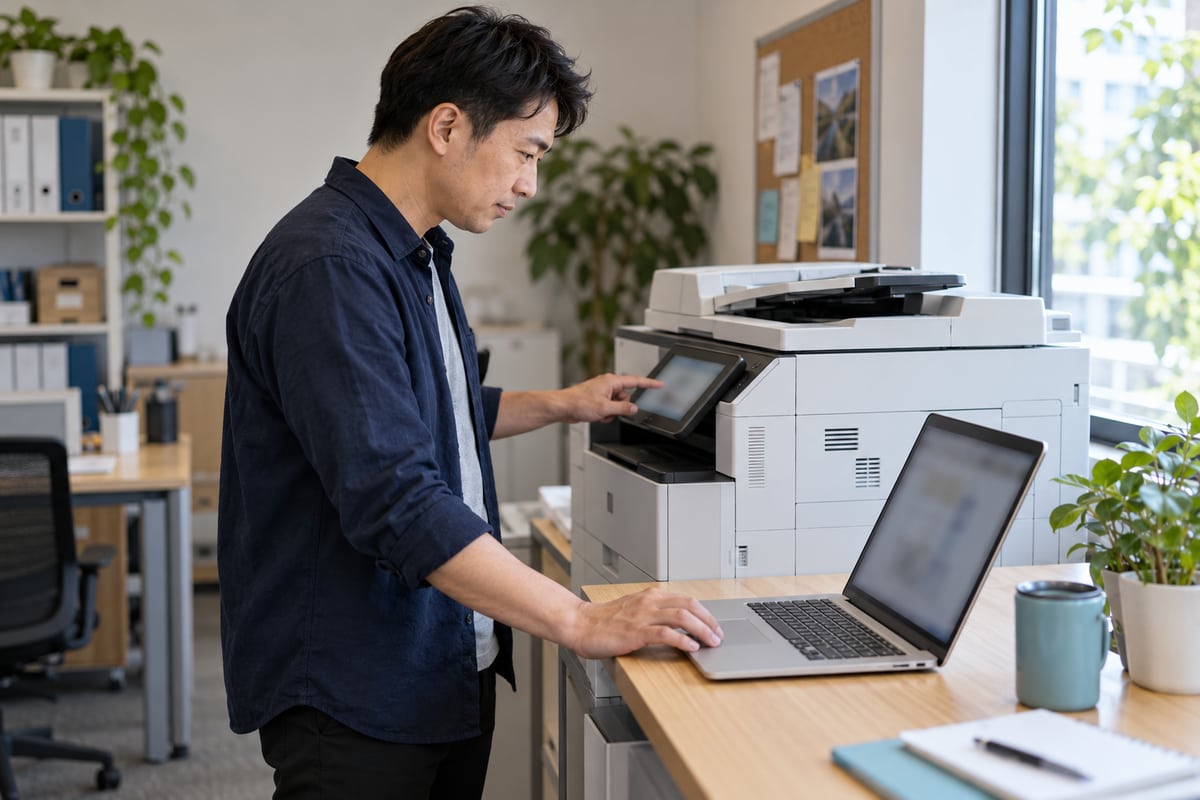 IT support specialist investigating a missing scanner email beside a copier and laptop.