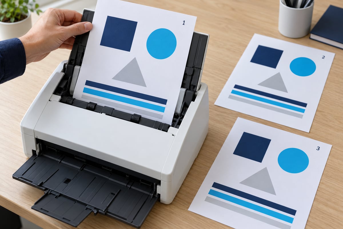 An office worker scanning synthetic pages with geometric shapes for a safe email test.