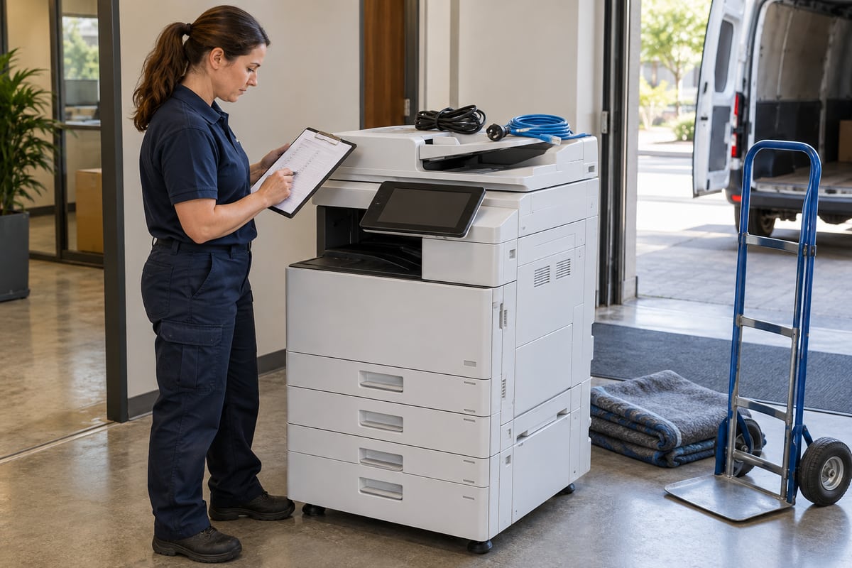 Technician preparing a disconnected leased copier for collection with a handoff checklist.