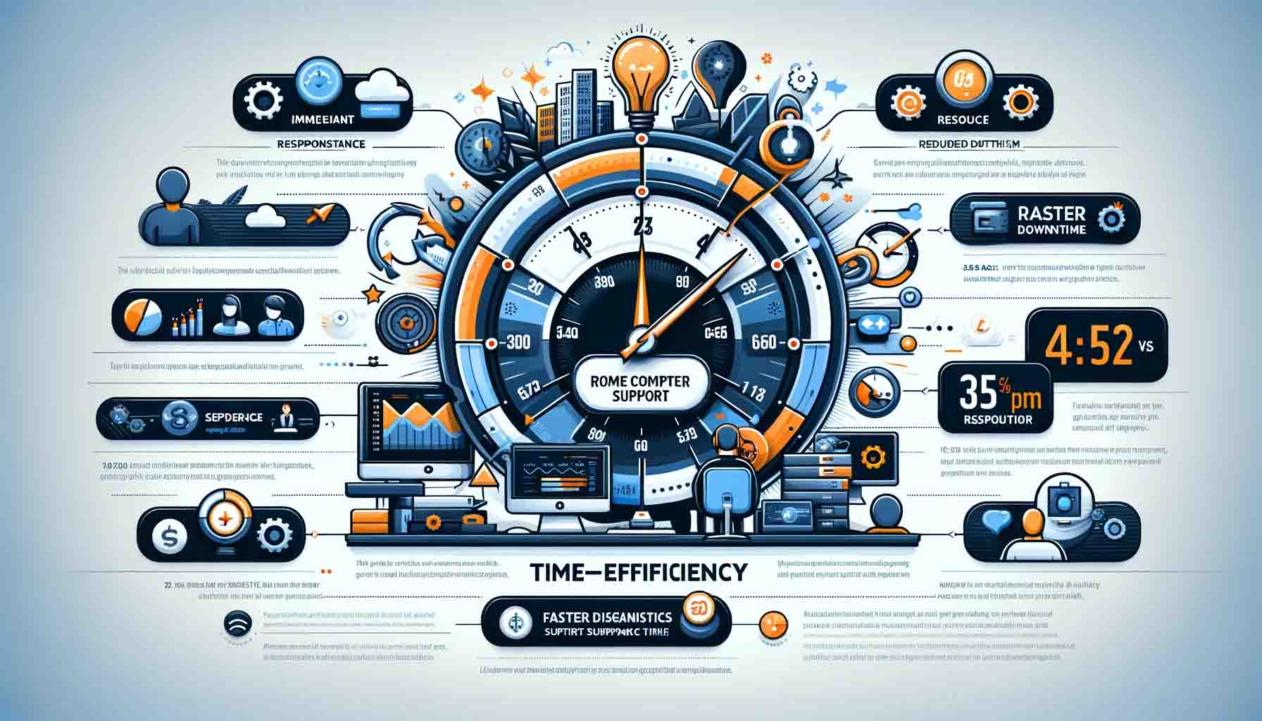 The infographic effectively highlights the time-efficiency aspect of Remote Computer Support, visually representing the speed of response and resolution times in comparison to traditional support methods.