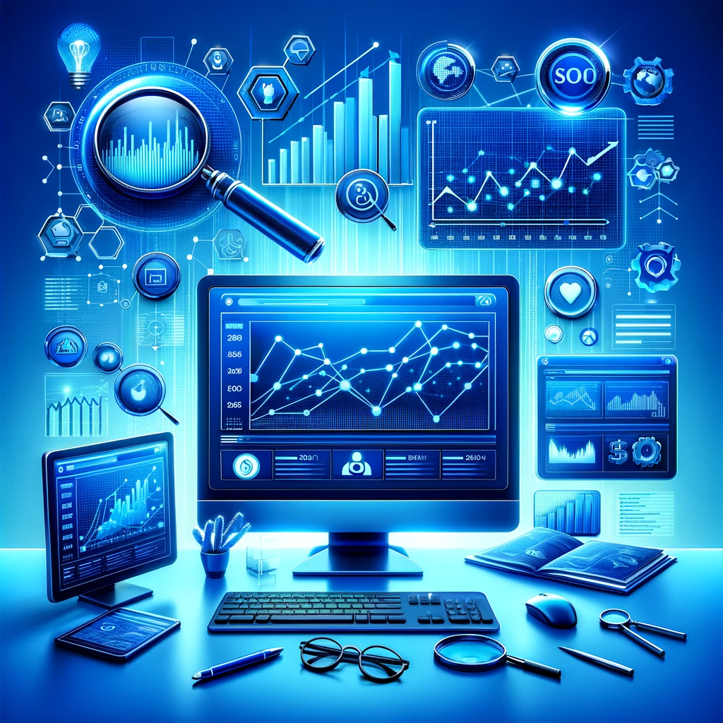 Here is a blue-themed image representing the concept of SEO, featuring a modern computer workspace with various SEO analytics elements in shades of blue.