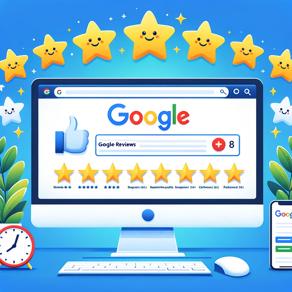 Here is an image representing Google reviews, featuring a computer screen with a Google search page, a business listing with high star ratings, and several positive reviews.