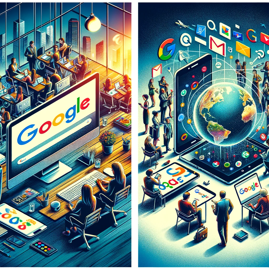 Here are two stock images representing the theme of Google. The first image showcases a modern workspace with devices displaying the Google search engine homepage, while the second image illustrates a diverse group of people using various devices to engage with Google services.