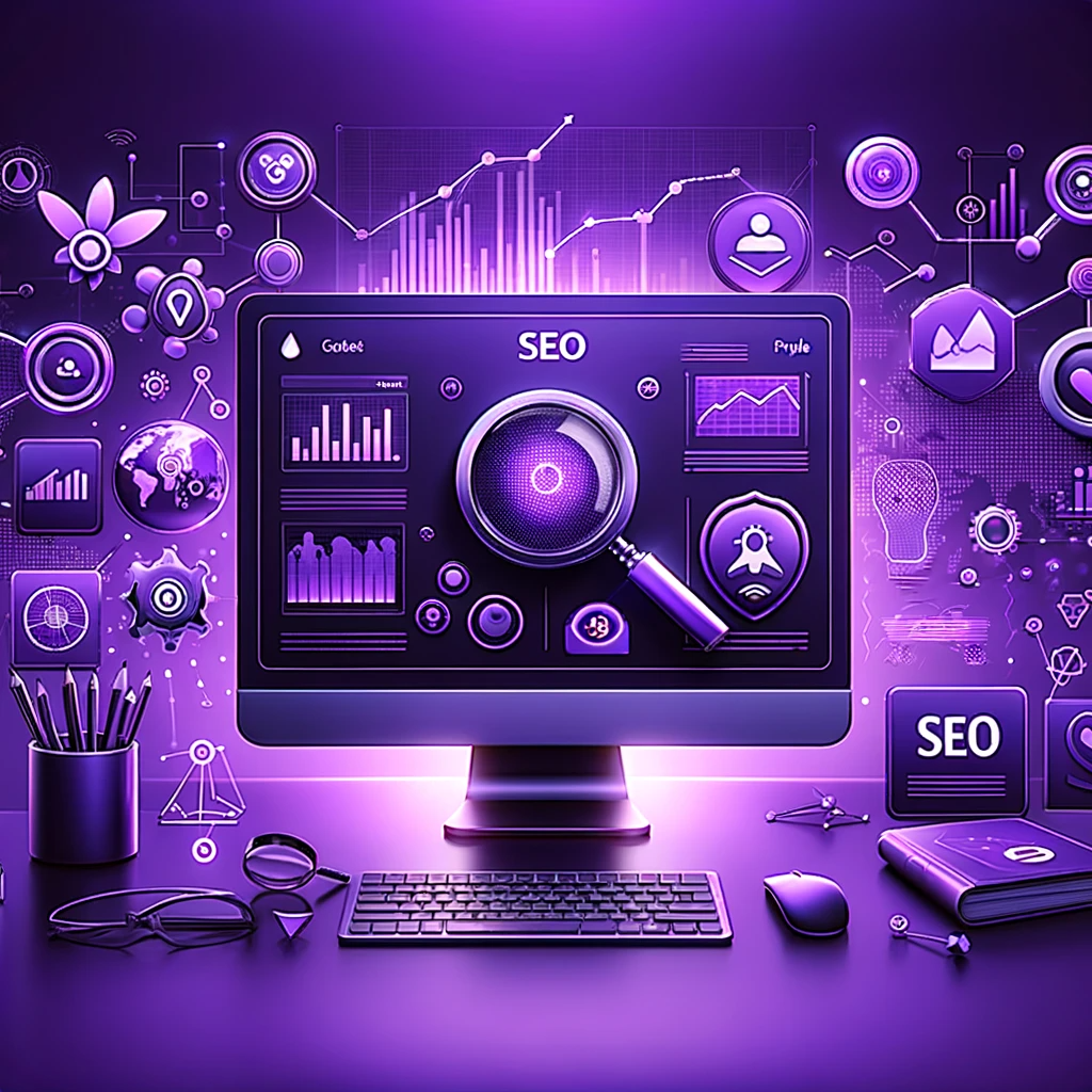 Here is a purple-themed image representing the concept of SEO, featuring a modern computer workspace with various SEO analytics elements in shades of purple.