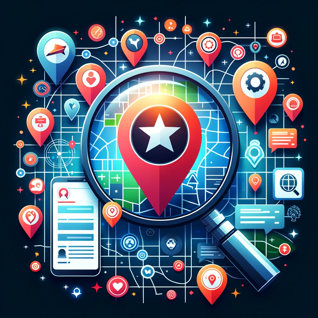 Here is an image illustrating the concept of local SEO, featuring a digital map with various elements that symbolize the optimization of businesses for local search in a specific community.