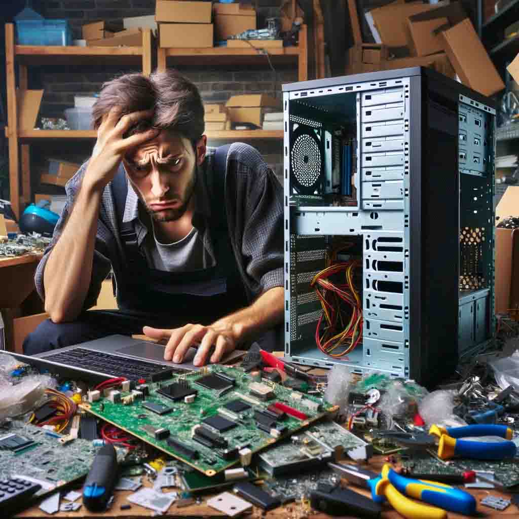 Here is an image of a frustrated computer repair technician, depicted in a chaotic workspace, highlighting the challenges faced in computer repair work