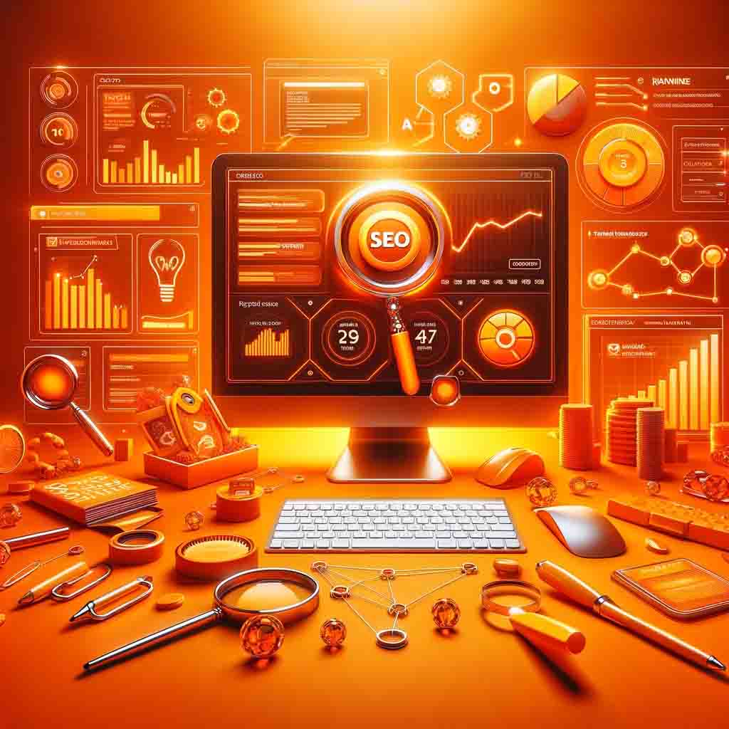 Here is an orange-themed image representing the concept of SEO, featuring a vibrant computer workspace with SEO analytics elements in various shades of orange.