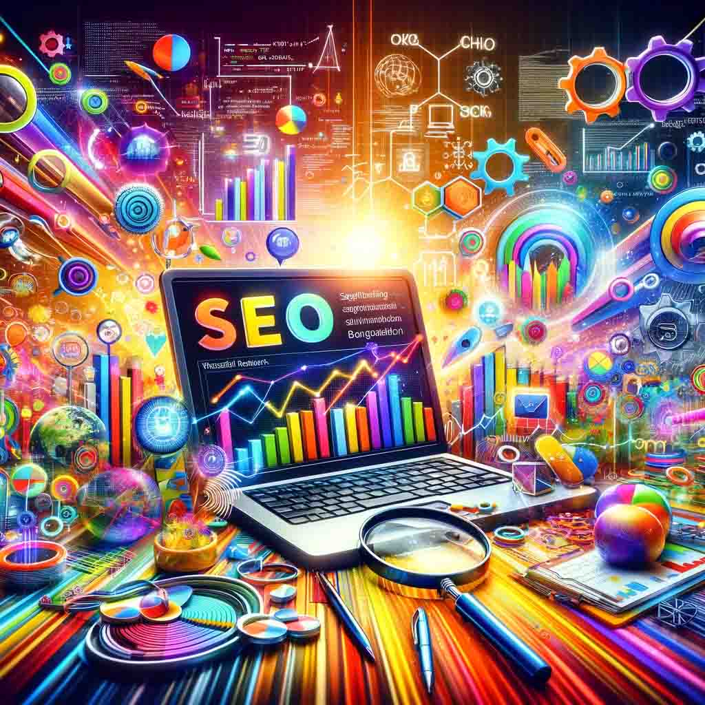a vibrant and colorful stock image representing the concept of SEO, featuring a dynamic workspace with elements that symbolize various aspects of SEO in a lively and artistic manner.