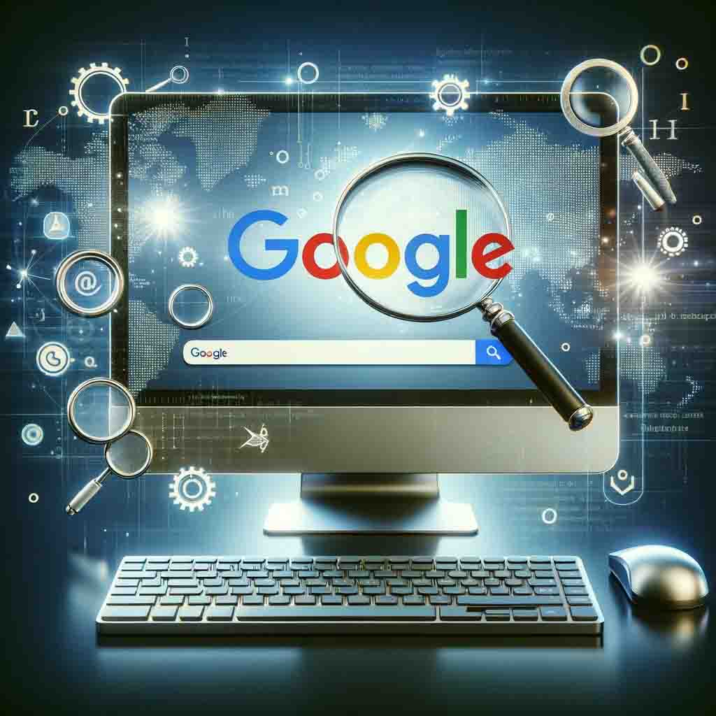 Here is a stock image representing Google as a search engine, featuring a modern computer screen with the Google search interface and various symbols of search and information access.