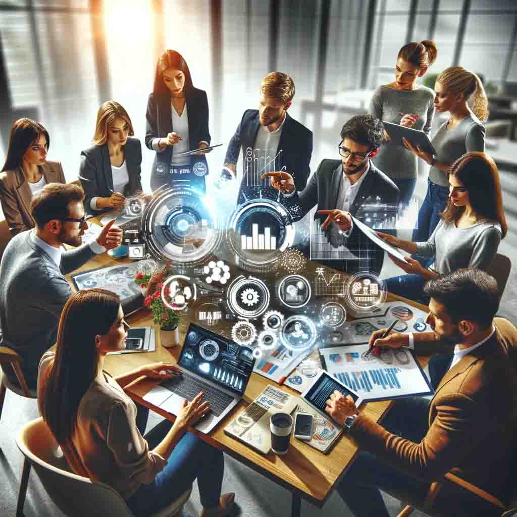 Here is an image depicting a dynamic and diverse team of marketing professionals engaged in a brainstorming session, surrounded by elements of digital and traditional marketing.