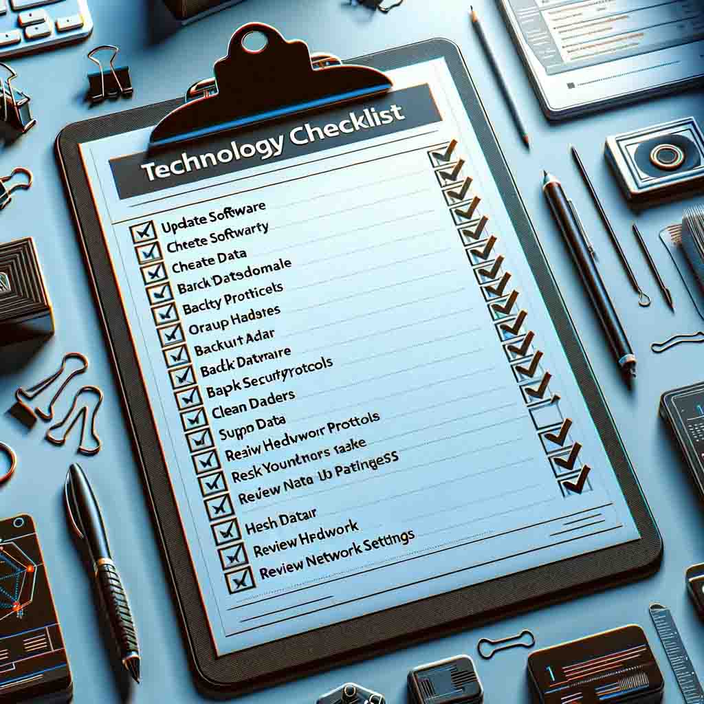 Here is an image of a technology checklist, depicted on a clipboard with various items related to technology maintenance and updates, set against a tech-oriented workspace background.