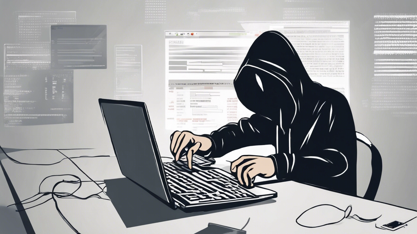 A digital illustration depicting a hacker covertly stealing a password, symbolized by a shadowy figure with a ski mask sitting in front of a computer screen, illuminated only by the glow of code on the monitor. The hacker is typing rapidly, with a digital lock icon being cracked open, signifying unauthorized access to secure information. The background is dark, emphasizing the clandestine nature of the act, with binary code and security symbols floating around, representing the digital realm where this theft is taking place."