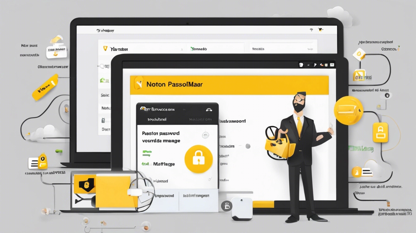 An image showcasing the interface of Norton Password Manager on a desktop computer screen, featuring an encrypted password vault, password generation tool, and organized sections for securely storing user passwords. The design emphasizes security with encryption symbols and secure access prompts, set against a clean, intuitive layout for easy navigation, embodying Norton's commitment to advanced cybersecurity and user data protection