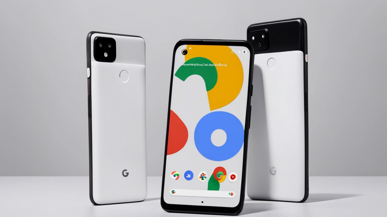 Three Google Pixel 5a smartphones side by side, showcasing their identical sleek designs, camera setups, and the vibrant display of the interface