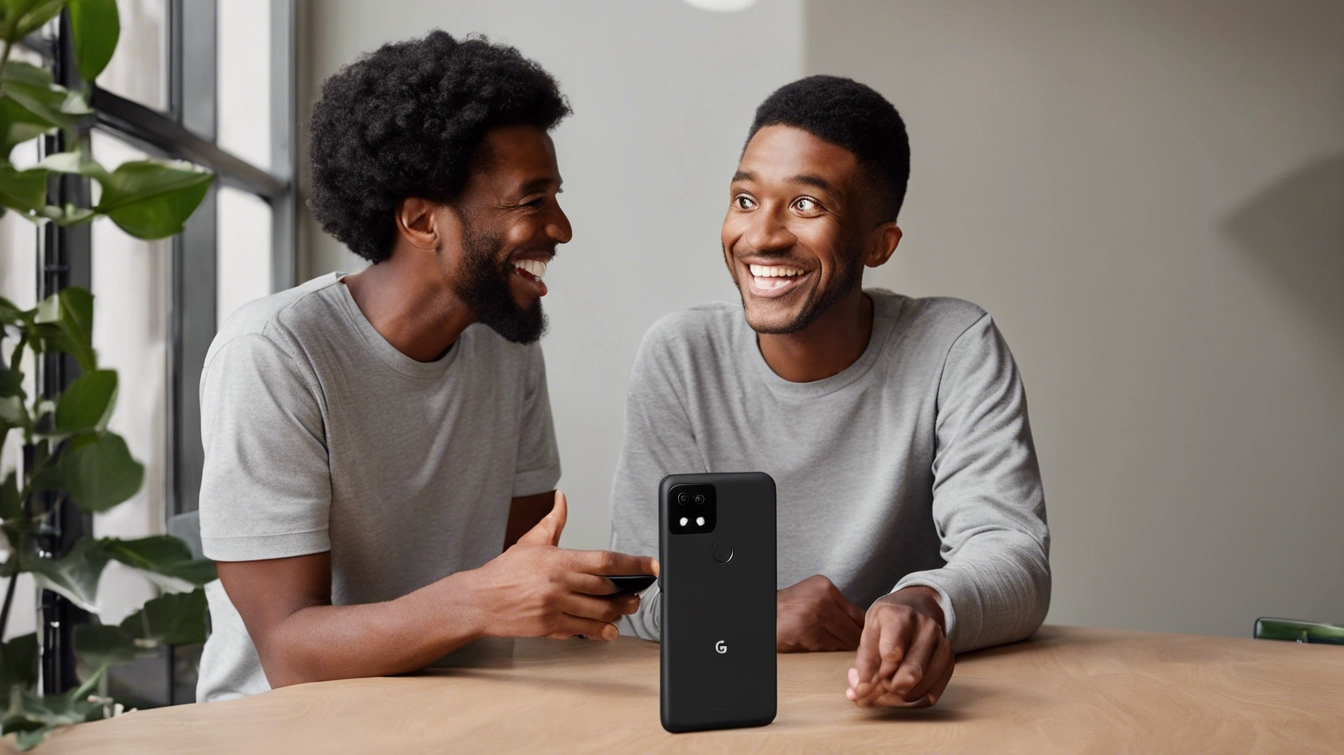 Two people engaging in a video chat on a Google Pixel 5a, showcasing the phone's clear display and camera quality