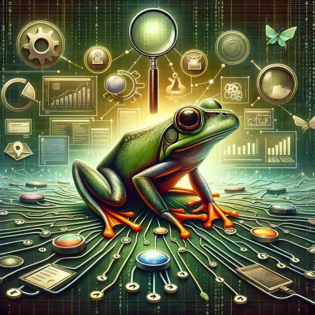 Here's an artistic representation of a frog in a digital environment, symbolizing the concept of web crawling and SEO analysis. This image captures the essence of navigating the complex digital landscape, reflecting the innovative nature of SEO tools