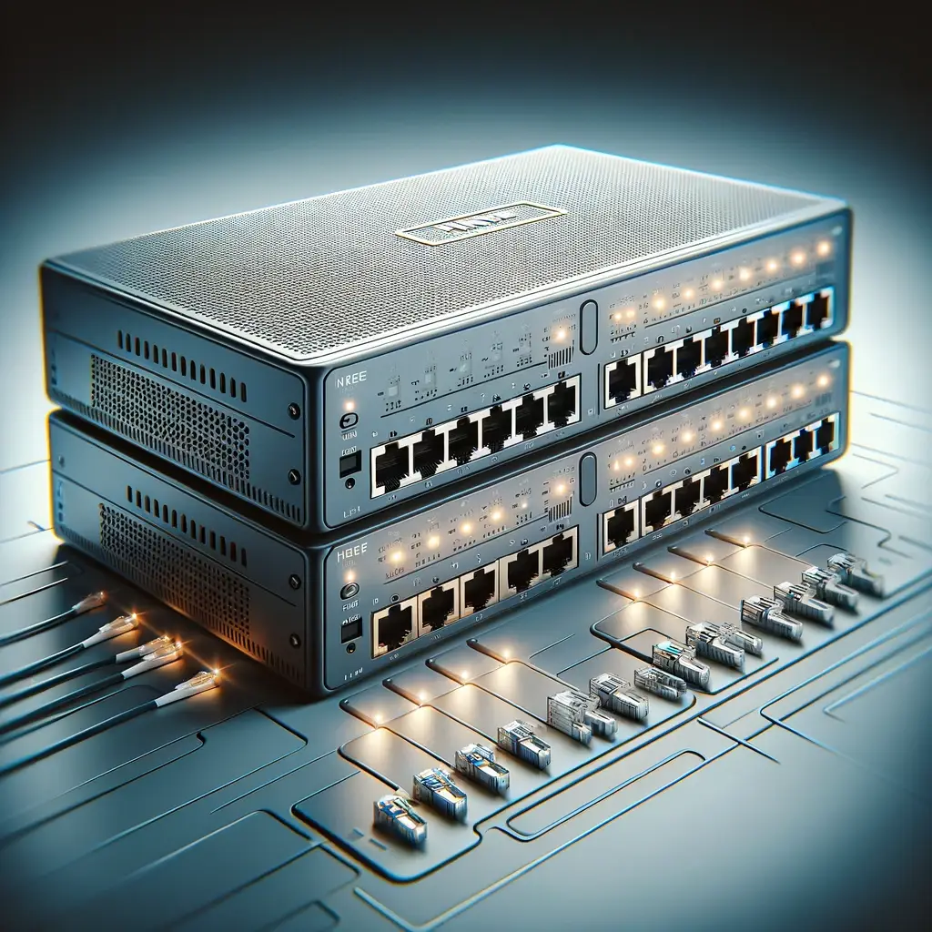 The image depicting a series of network switches has been created, highlighting the detailed features such as multiple ports for Ethernet cables and LED status indicators, set against a minimalist background to emphasize the switches' role in network infrastructure.