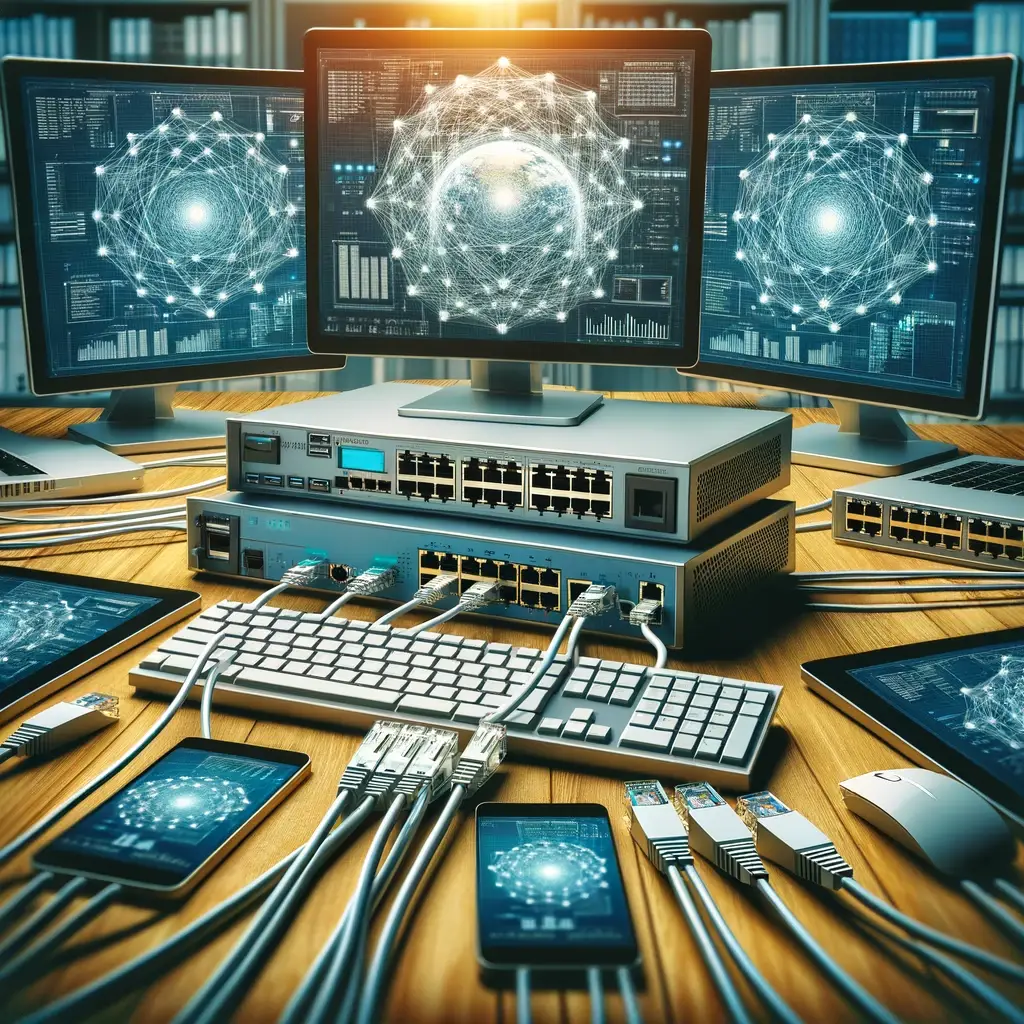 The stock image showcasing a network setup with computers and network switches has been created, illustrating the connectivity and data exchange in a professional or educational environment.