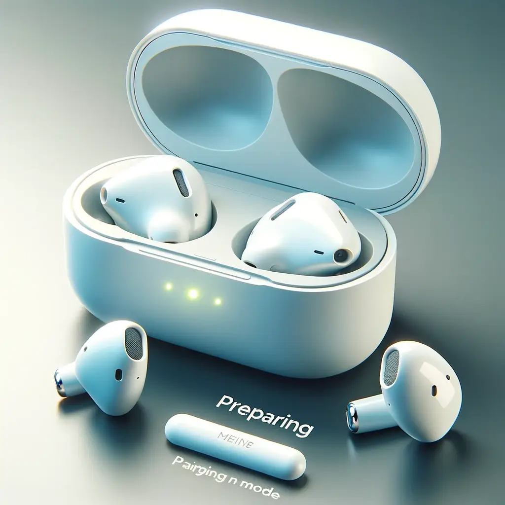 The image has been created, depicting ear pods in preparing mode for pairing, positioned next to their open charging case with a visual cue indicating readiness for connection.