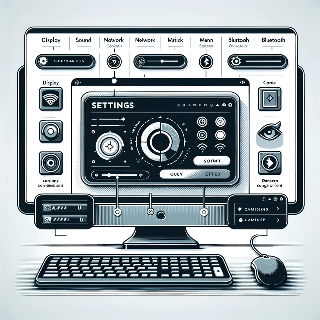 The image depicting the device settings interface on a computer screen has been created, showcasing various settings options such as display, sound, network, and Bluetooth configurations with a user-friendly and navigable interface.