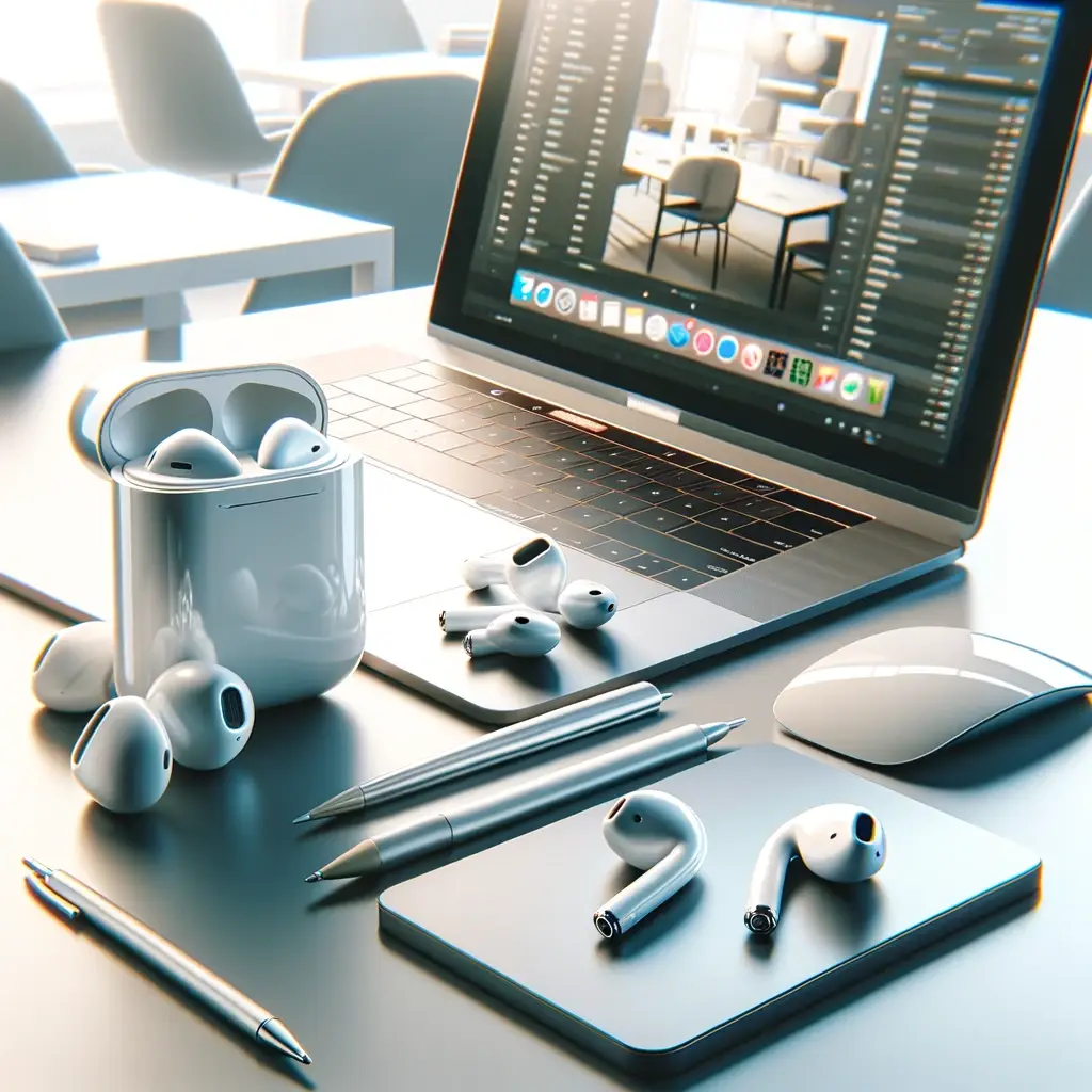 The stock image showing ear pods next to a computer has been created, depicting the ear pods on a desk beside a laptop or desktop, ready for multimedia use, in a clean and modern composition.