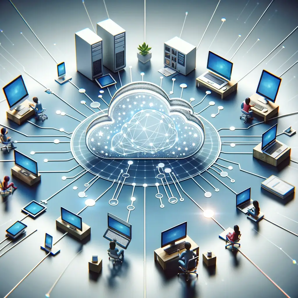 The image representing the concept of cloud computing has been created. It visually captures the essence of cloud computing through an abstract representation of connected devices and a stylized cloud, symbolizing the central hub for data exchange and computing services.