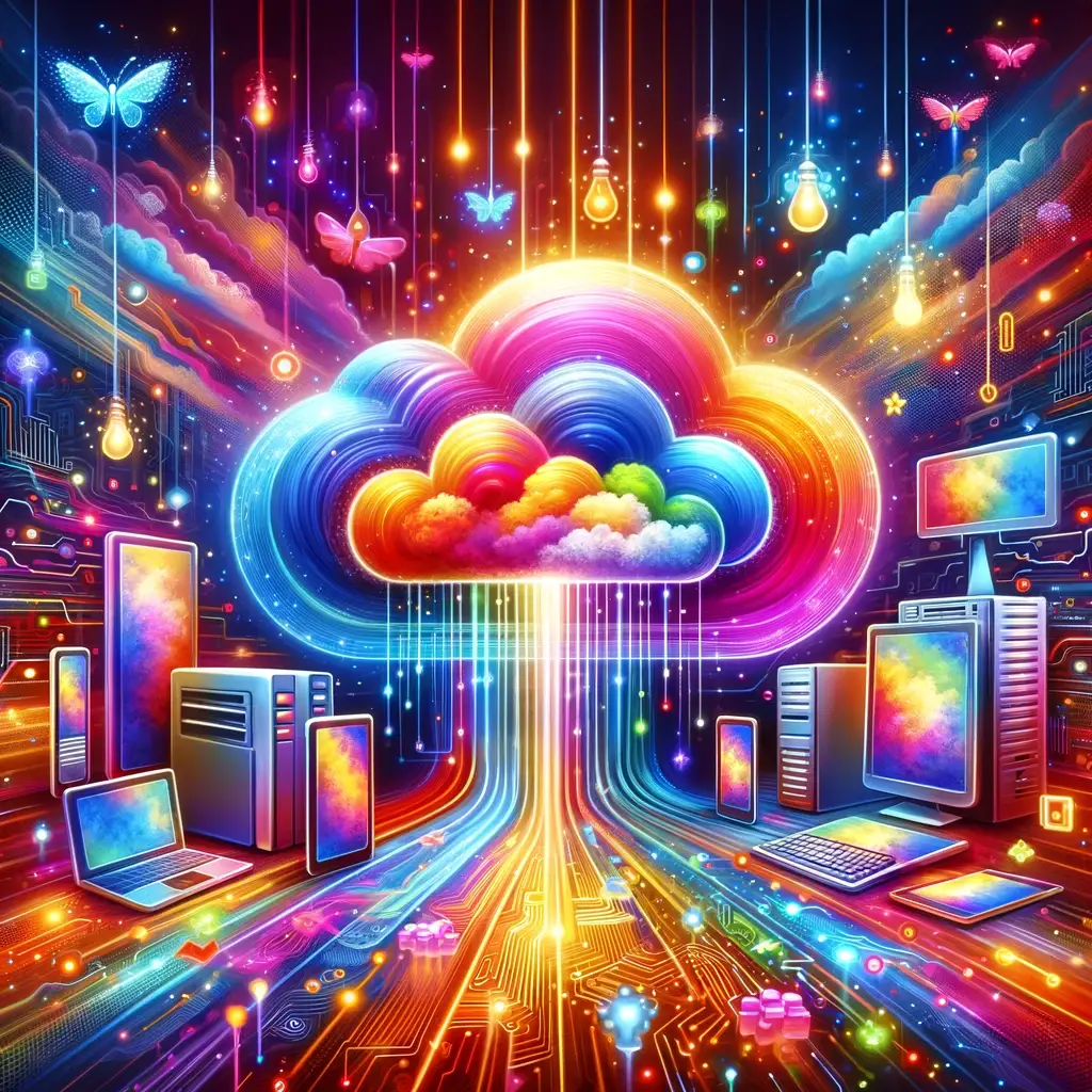 The vibrant and colorful abstract representation of cloud computing has been created, showcasing a dynamic scene with a multicolored cloud and various connected devices, all within a high-tech environment.