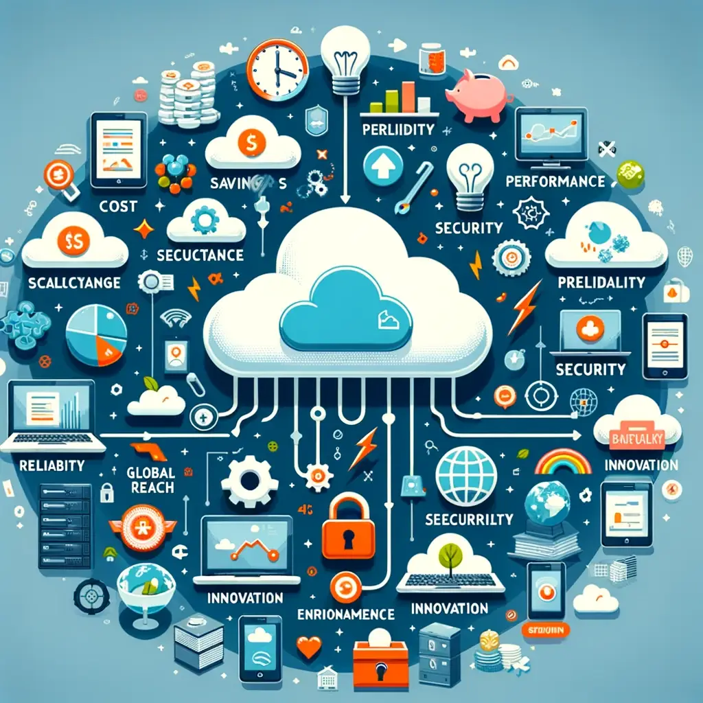 The illustration highlighting the benefits of cloud computing has been created, featuring a central cloud symbol surrounded by various icons and imagery that represent key advantages such as cost savings, scalability, performance, and security, among others. This visual captures how cloud computing delivers positive impacts to businesses and users alike