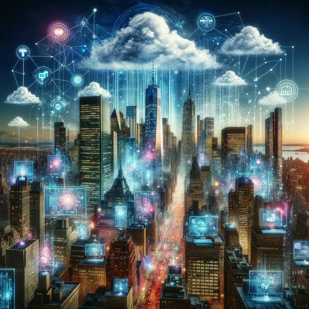 The image visualizing a futuristic New York City skyline intertwined with the concept of cloud computing has been created, showcasing a vibrant fusion of the city's iconic architecture with digital and holographic elements that represent cloud computing technologies.
