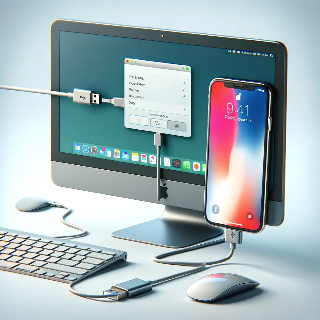 showing an iPhone connected to a PC with a USB cable.