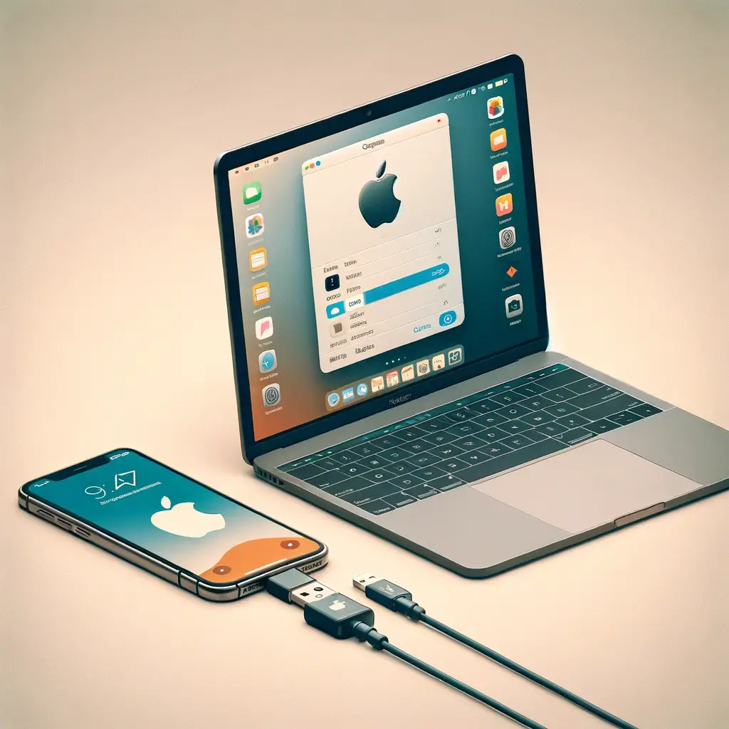 showing an iPhone connected to an Apple computer (MacBook) with a USB cable.