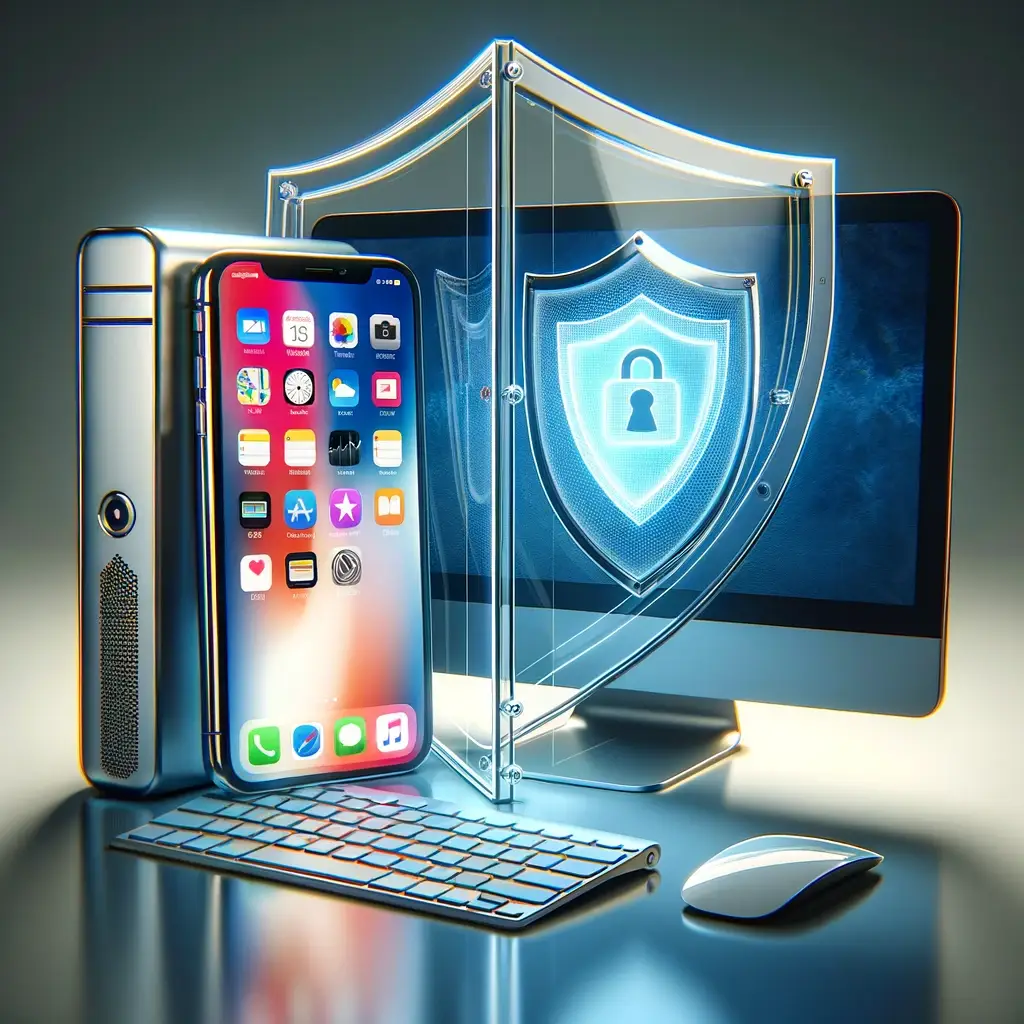 depicting an iPhone and a computer (both a laptop and a desktop PC) positioned behind a transparent shield, symbolizing protection and security.