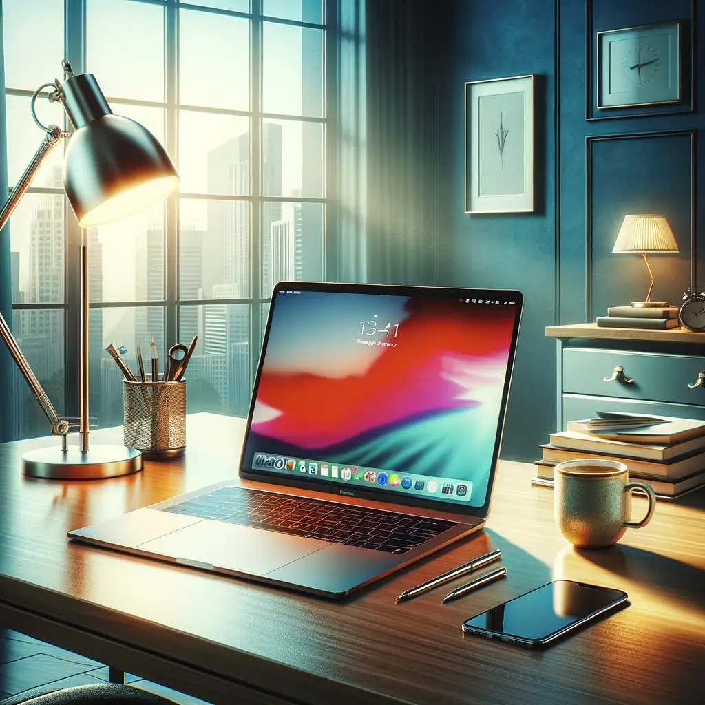 image of a MacBook on a desk in an office setting