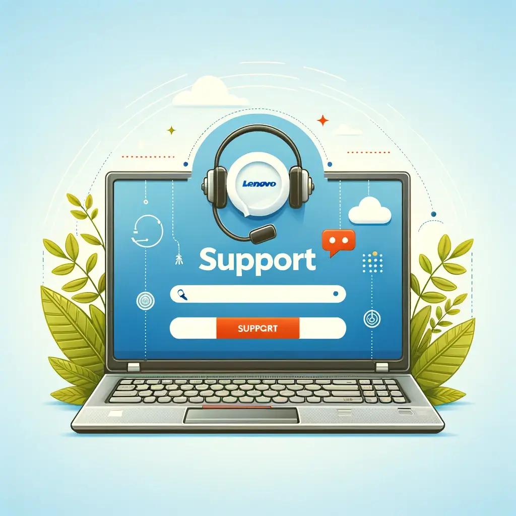 The image designed to represent Lenovo Support has been created, featuring a Lenovo laptop with the support website displayed on its screen, alongside symbols of assistance like a headset and a chat bubble, against a clean and simple background.