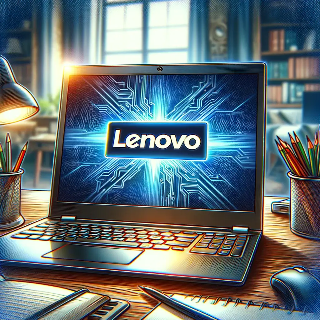 The image depicting a Lenovo computer booting up has been created, capturing the moment the Lenovo logo appears on the screen within either an office or home environment, symbolizing the start of digital tasks.