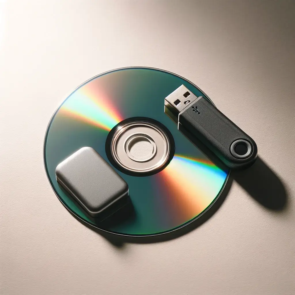 The image showcasing a USB drive and a CD side by side on a clean background has been created, illustrating the evolution from optical media to solid-state storage solutions.