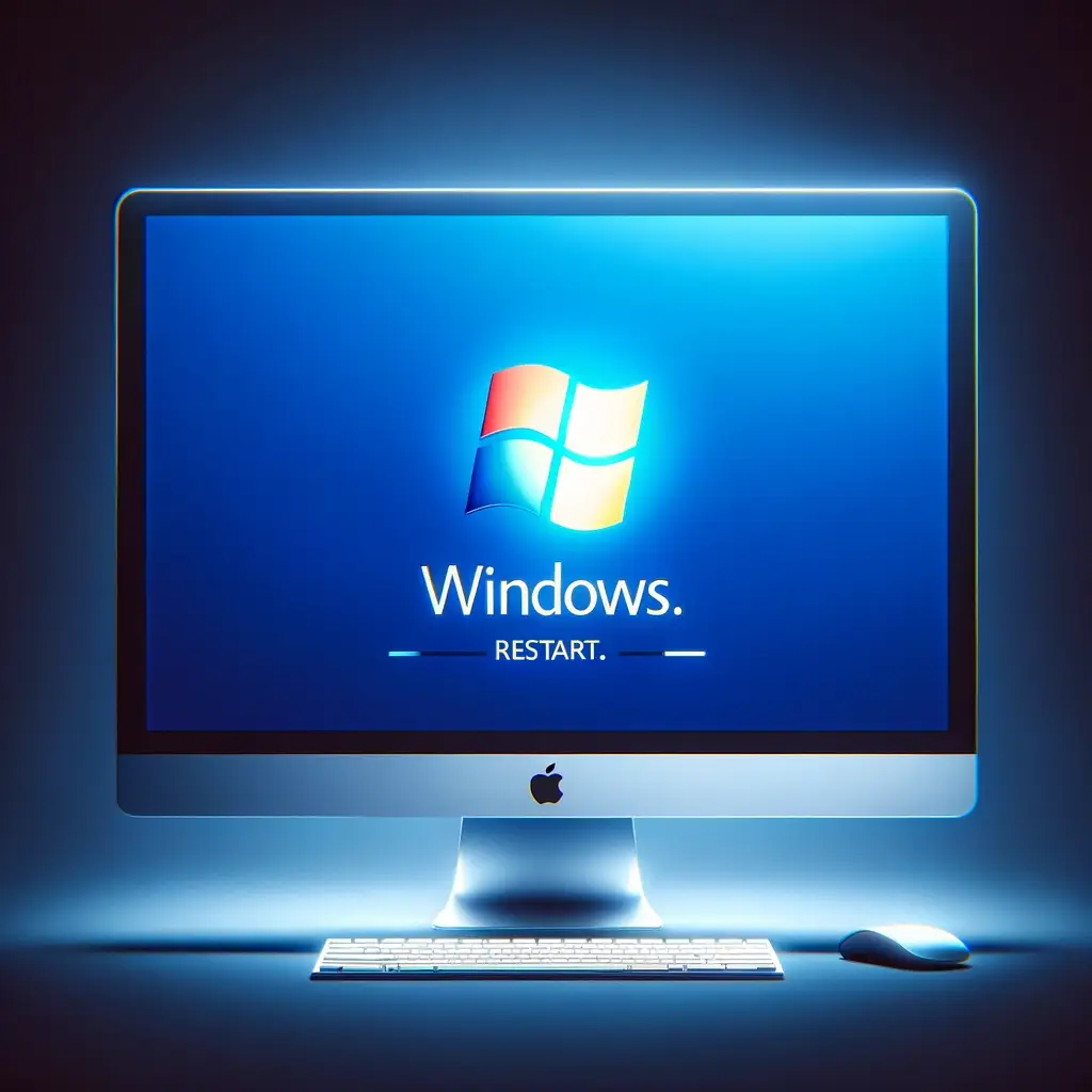 The image depicting a computer screen during the process of a Windows restart has been created, showcasing the Windows logo and a message indicating that the system is restarting, set against the backdrop of a computer monitor.