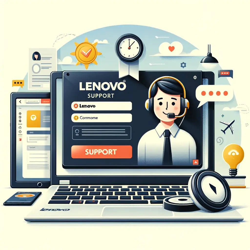 The image designed to represent Lenovo Support has been created, showcasing a Lenovo laptop with the support website displayed on its screen, alongside symbols of assistance such as a headset and a chat bubble, against a clean and simple background.