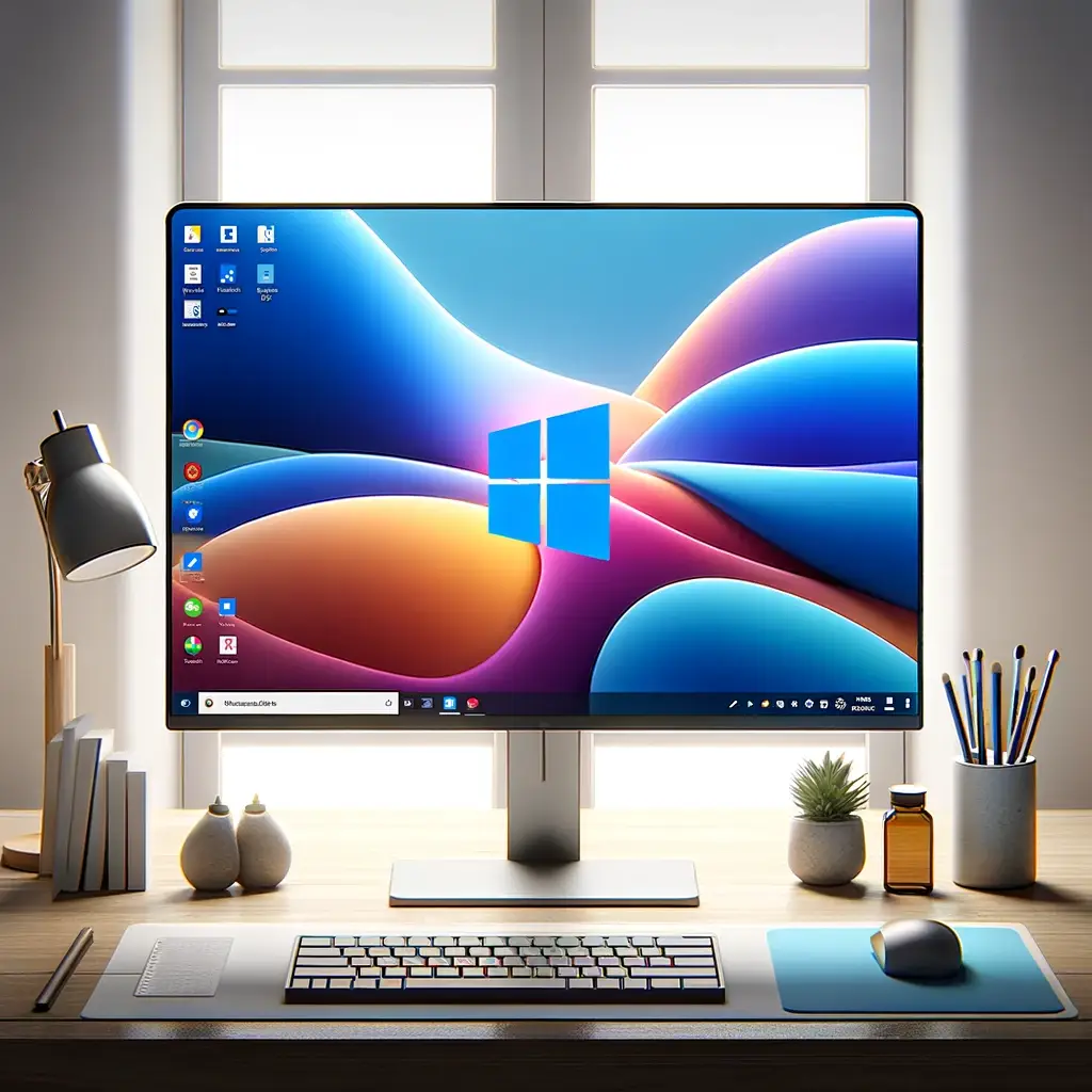 The image representing the Windows 11 operating system has been created, featuring a modern computer screen displaying the desktop interface with the centered Start menu, taskbar, and the new, vibrant wallpaper characteristic of Windows 11.