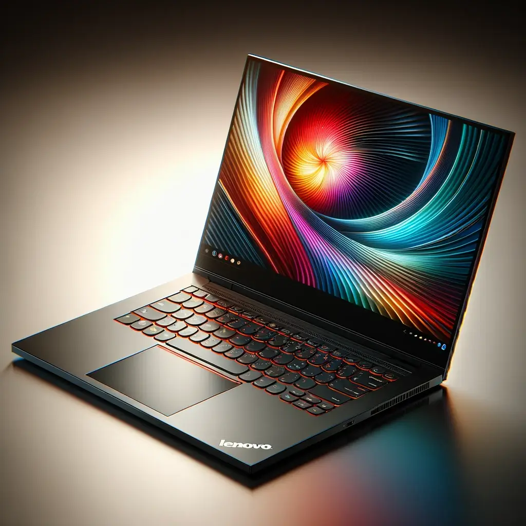 The high-definition image of a Lenovo laptop has been created, showcasing its modern design and the Lenovo logo, set in a professional environment