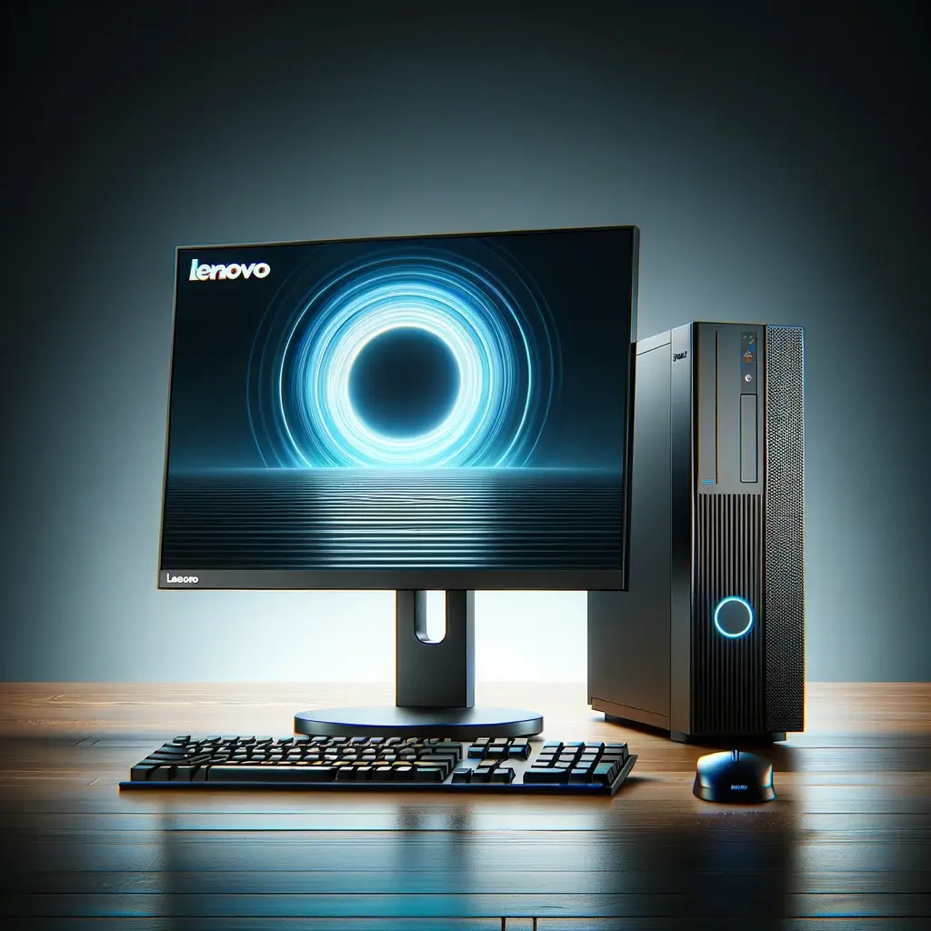 The high-quality image of a Lenovo desktop computer has been created, featuring the monitor, keyboard, and tower unit, highlighting the sleek, modern design of Lenovo's desktop solutions against a simple, professional background.
