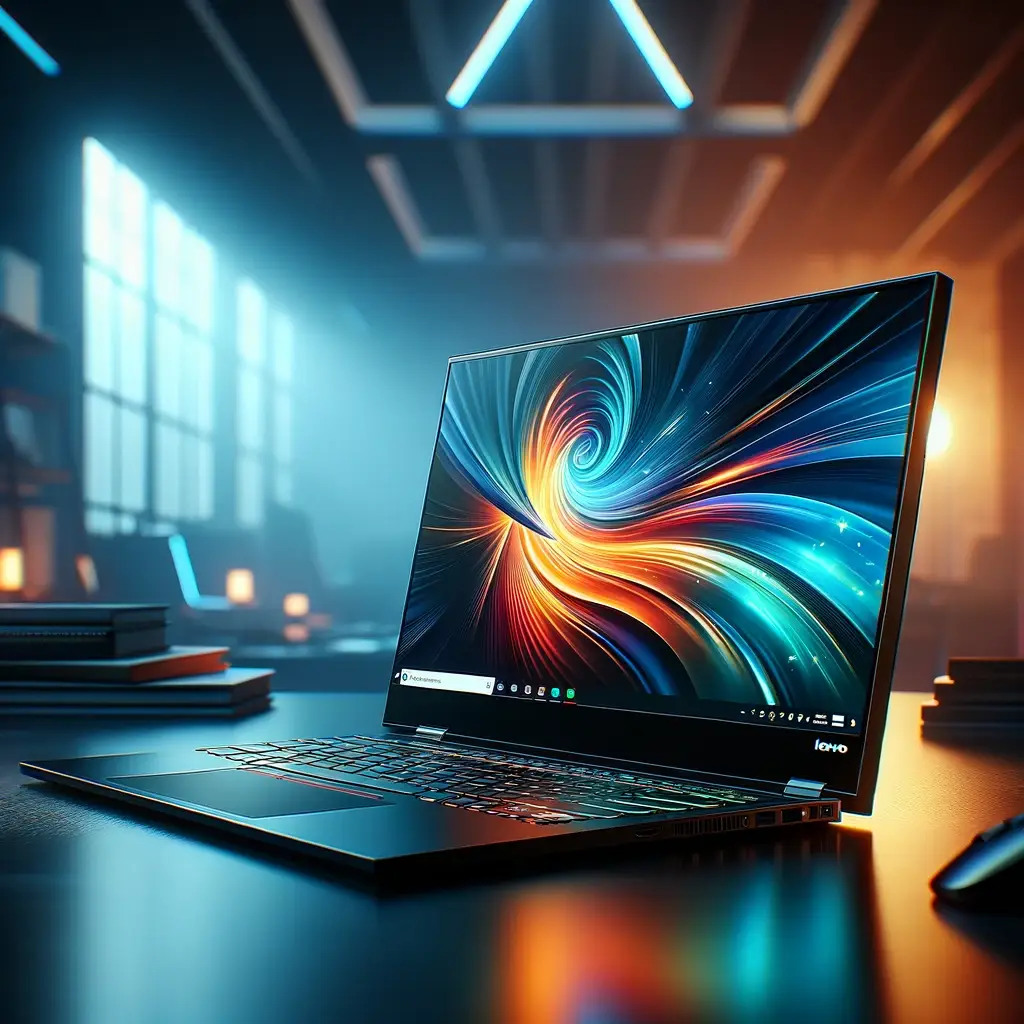 The high-quality image of a Lenovo laptop has been created, showcasing its sleek design and advanced features, set against a dynamic and modern background that complements its aesthetics.