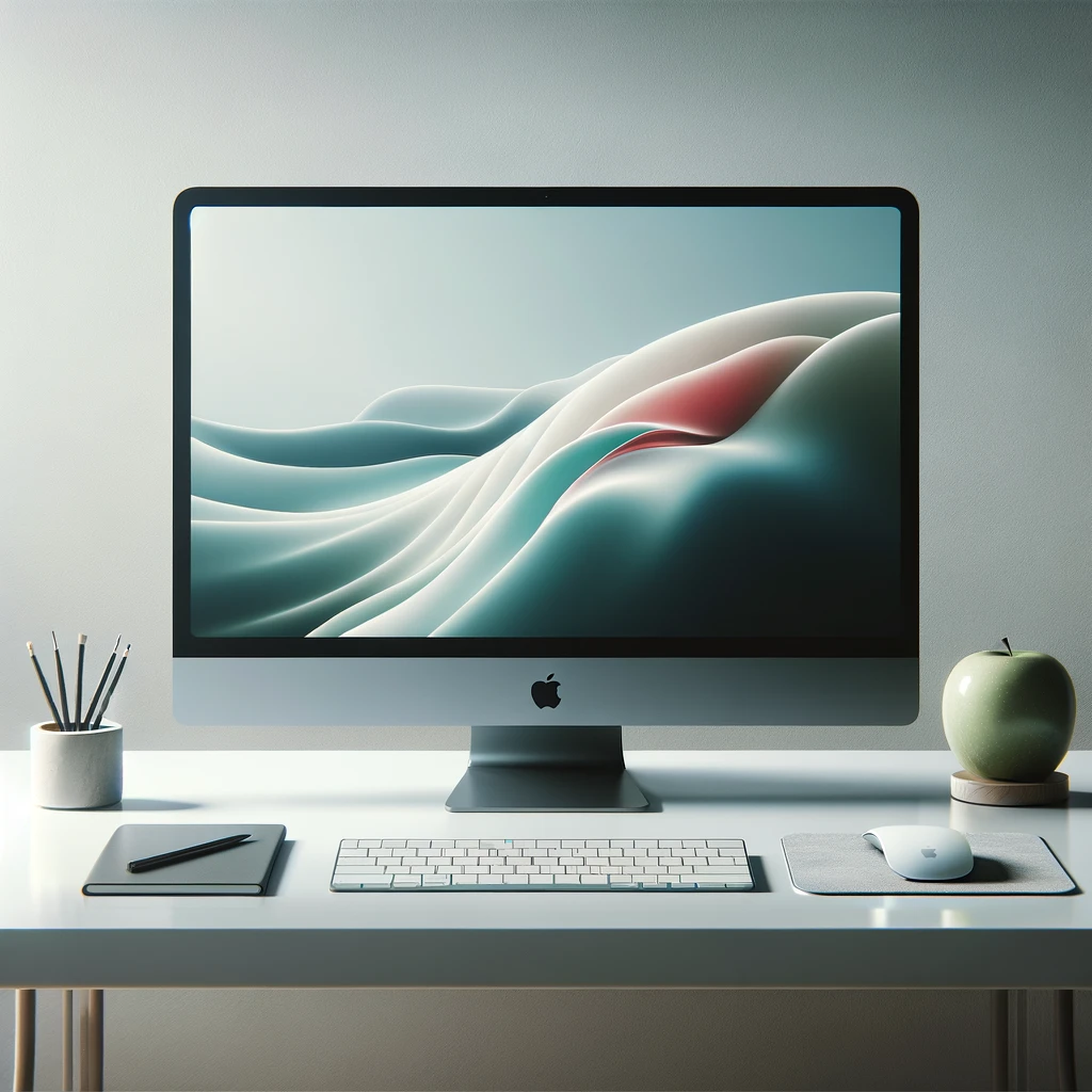 Here's the image showcasing a sleek and modern Mac computer setup in a minimalist desk environment.