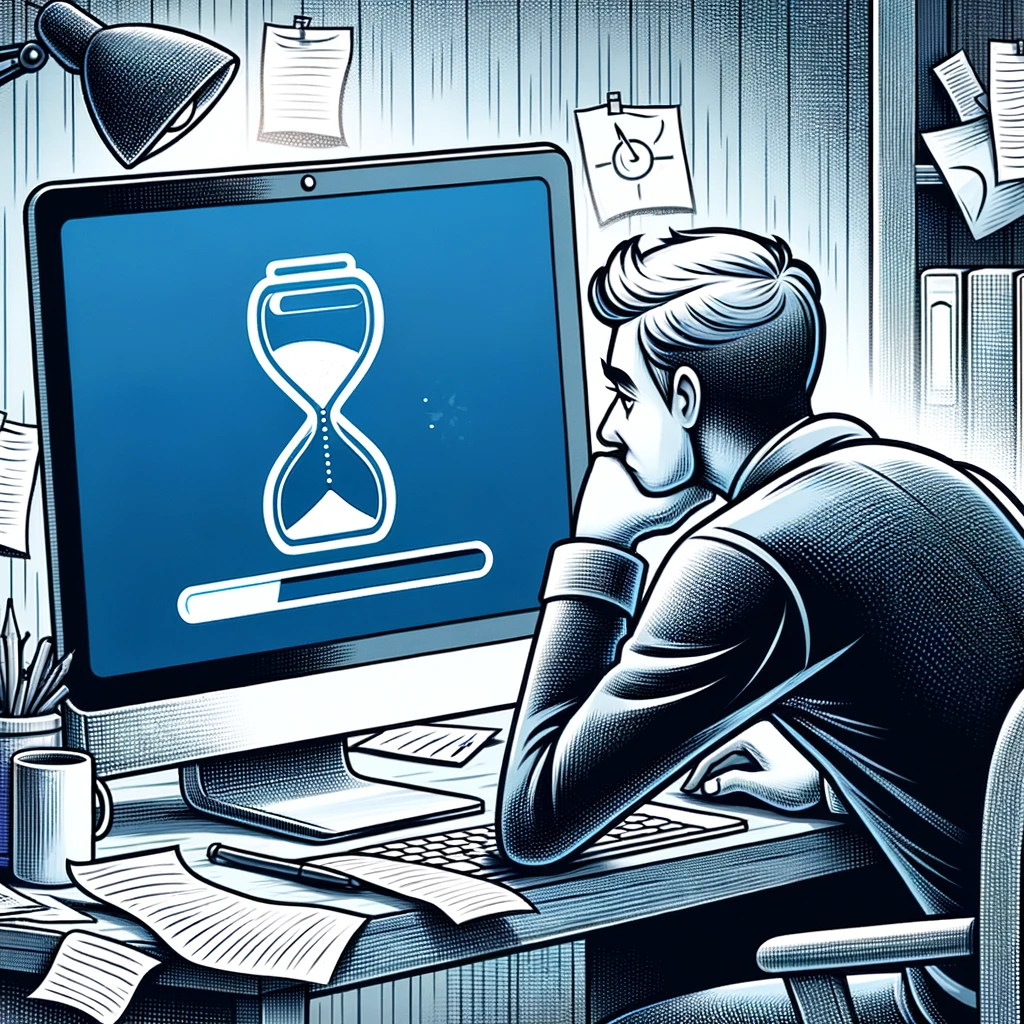 The illustration captures a user experiencing the frustration of a slow-running desktop computer, highlighted by the visible signs of impatience and a prolonged wait
