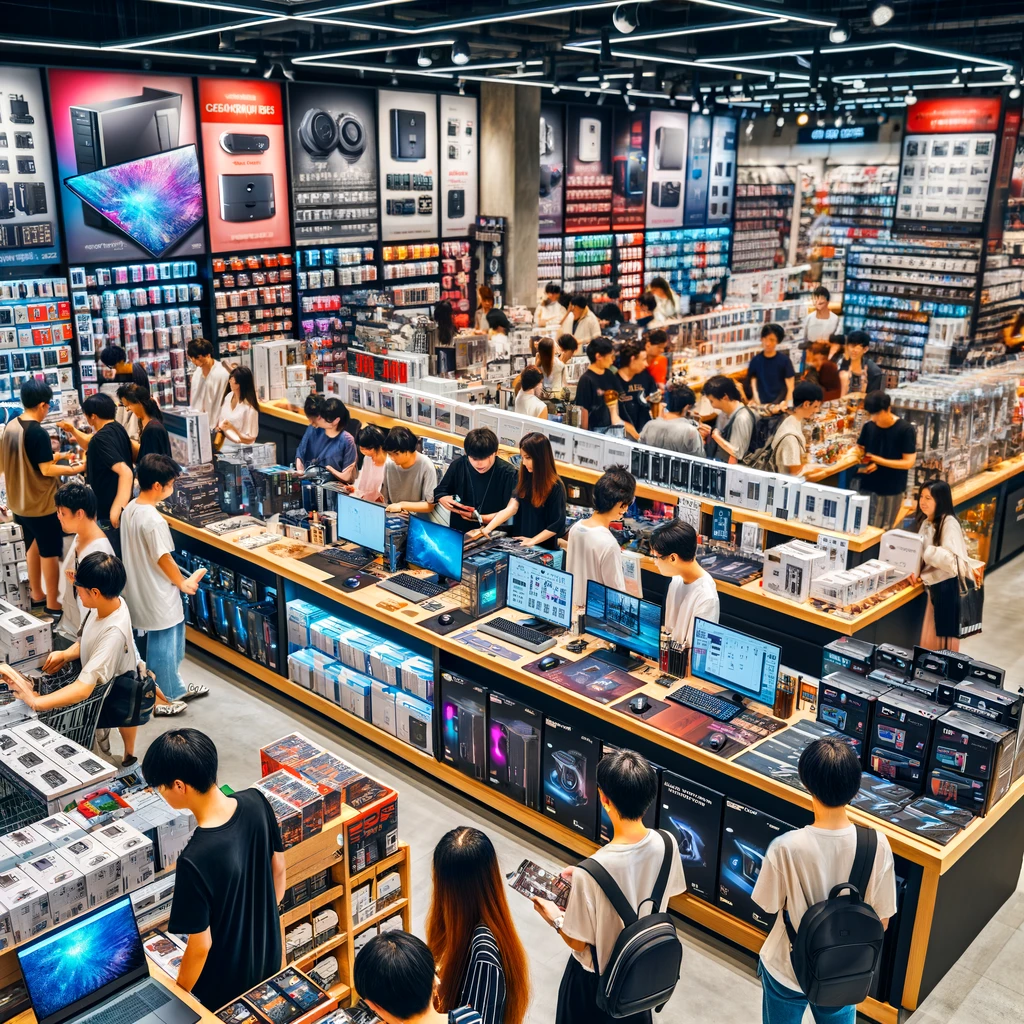 The image illustrates a vibrant scene inside a bustling computer store, where a diverse group of people are engaged in browsing and purchasing various computer components and accessories.