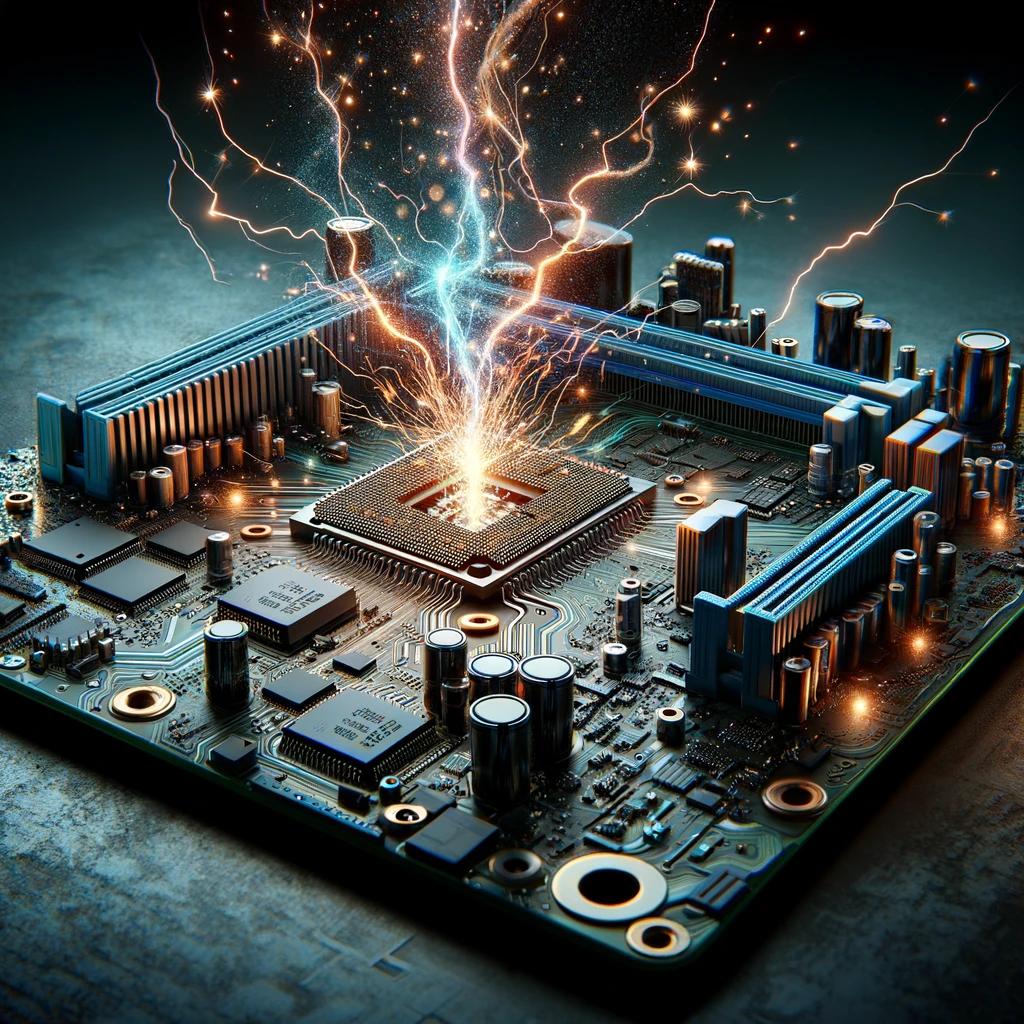 The illustration vividly captures electrostatic discharge (ESD) impacting a computer motherboard, with sparks illustrating the moment ESD affects the delicate electronic components.