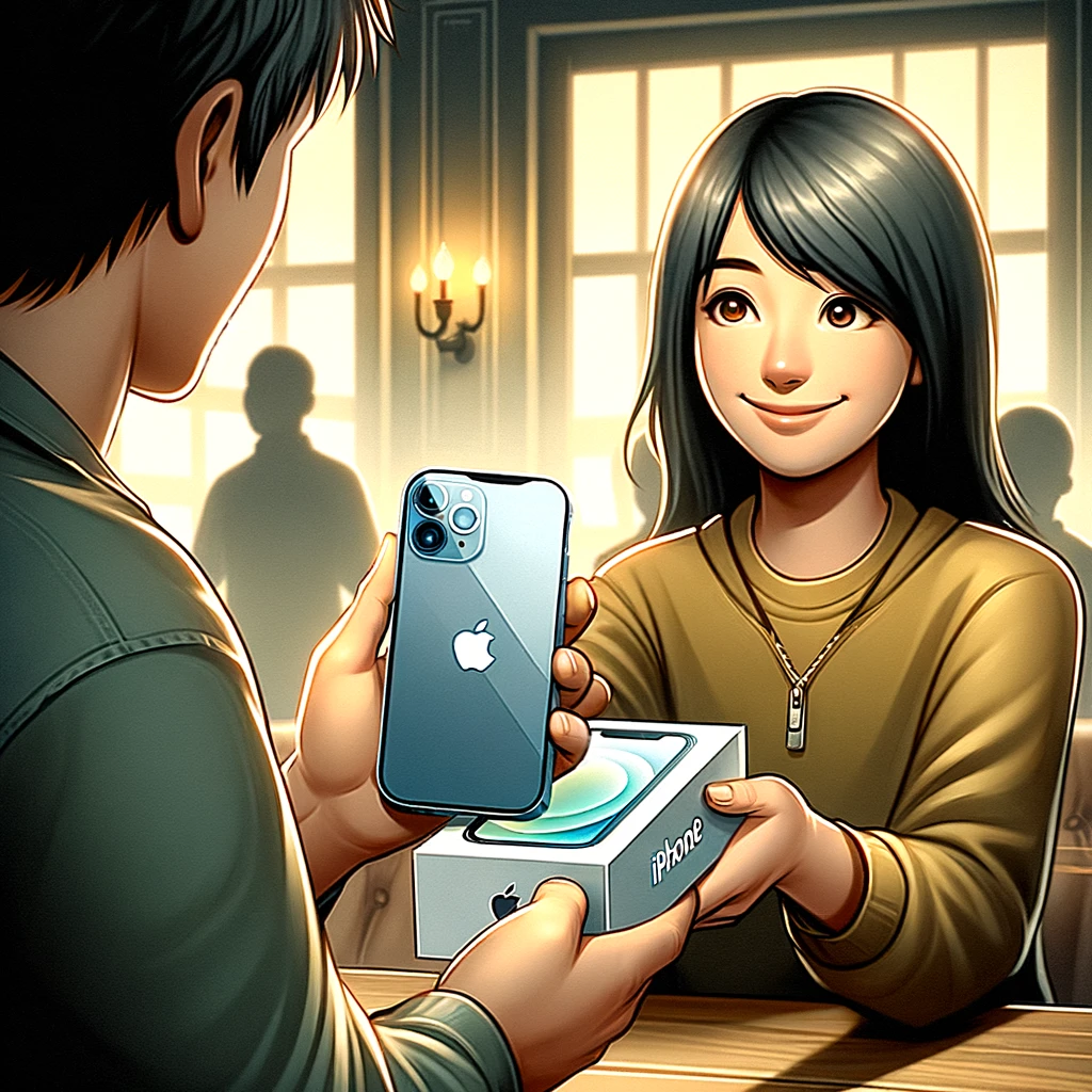 Here's the illustration capturing the moment where one person is handing over an iPhone 12 to another, set against a backdrop that suggests a warm and welcoming atmosphere.